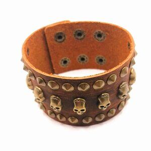 Skull and Spiked Brown Leather Bracelet-New 9 Inches Unisex